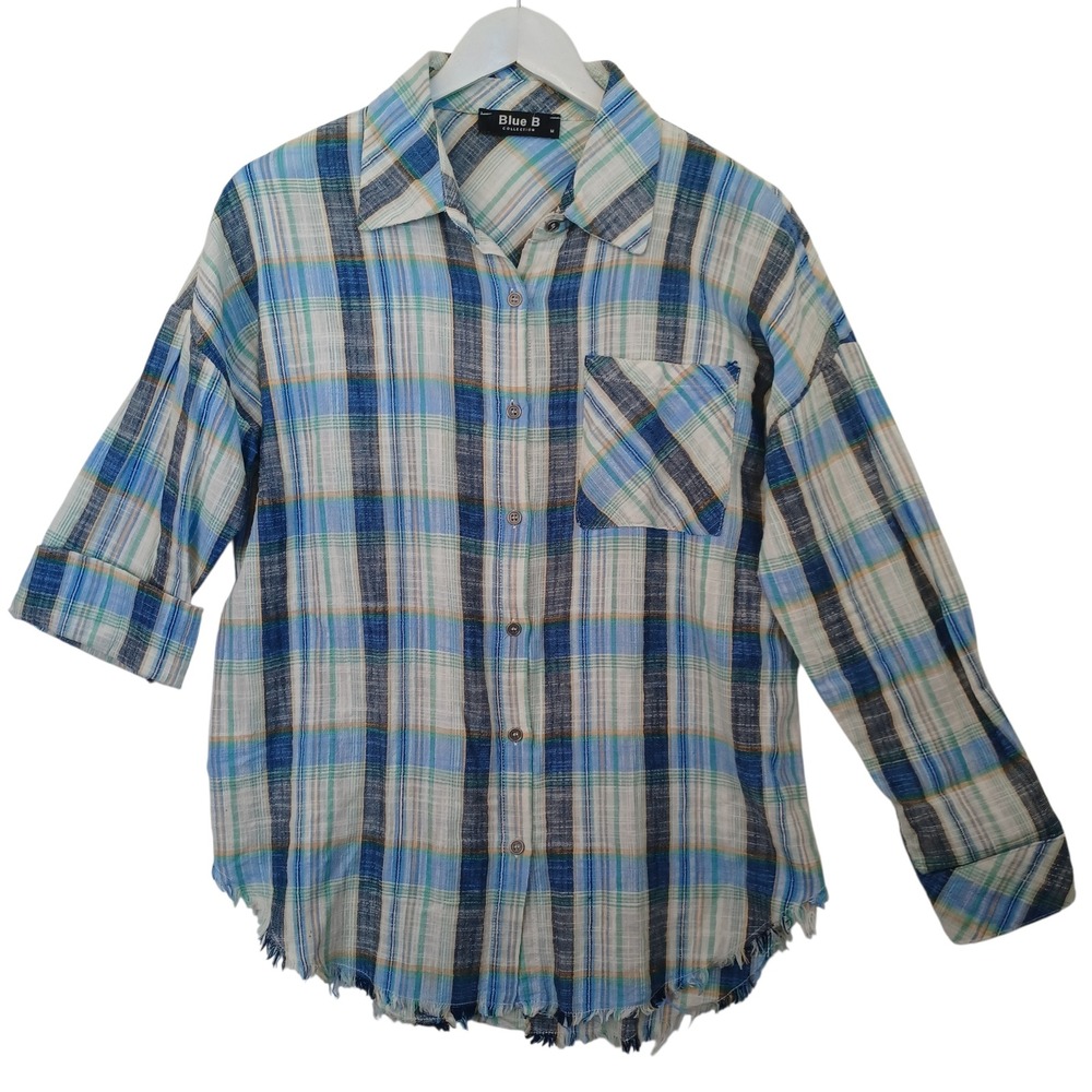 Blue B Collection Plaid‎ Button Down Shirt Womens Size M Distressed Frayed Hem